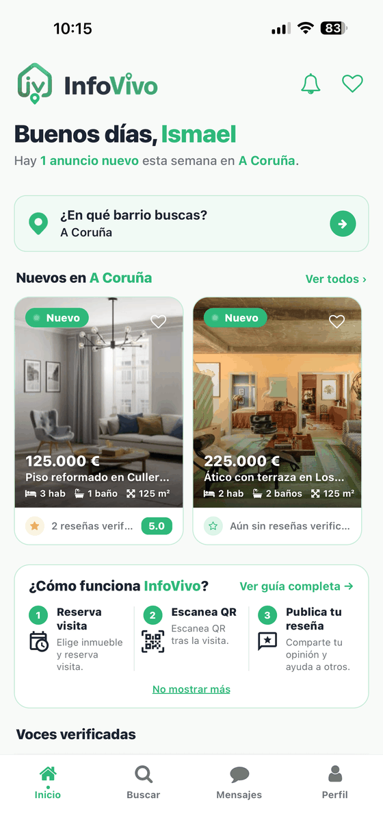 InfoVivo — pantalla Home de la app con visitas verificadas y voces del vecindario
