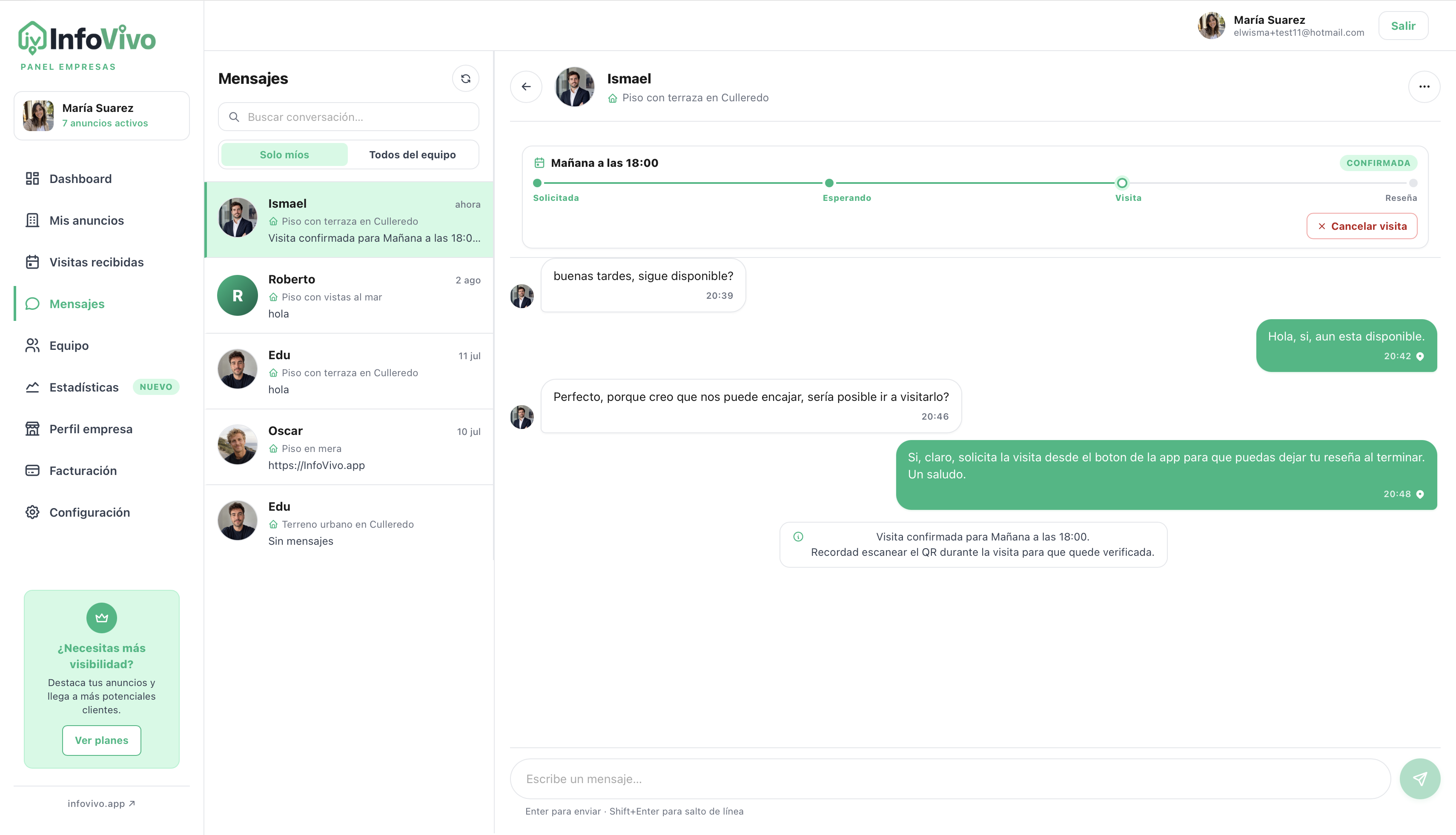 Panel · Chat con el timeline de la visita: solicitud, confirmación y verificación in situ.